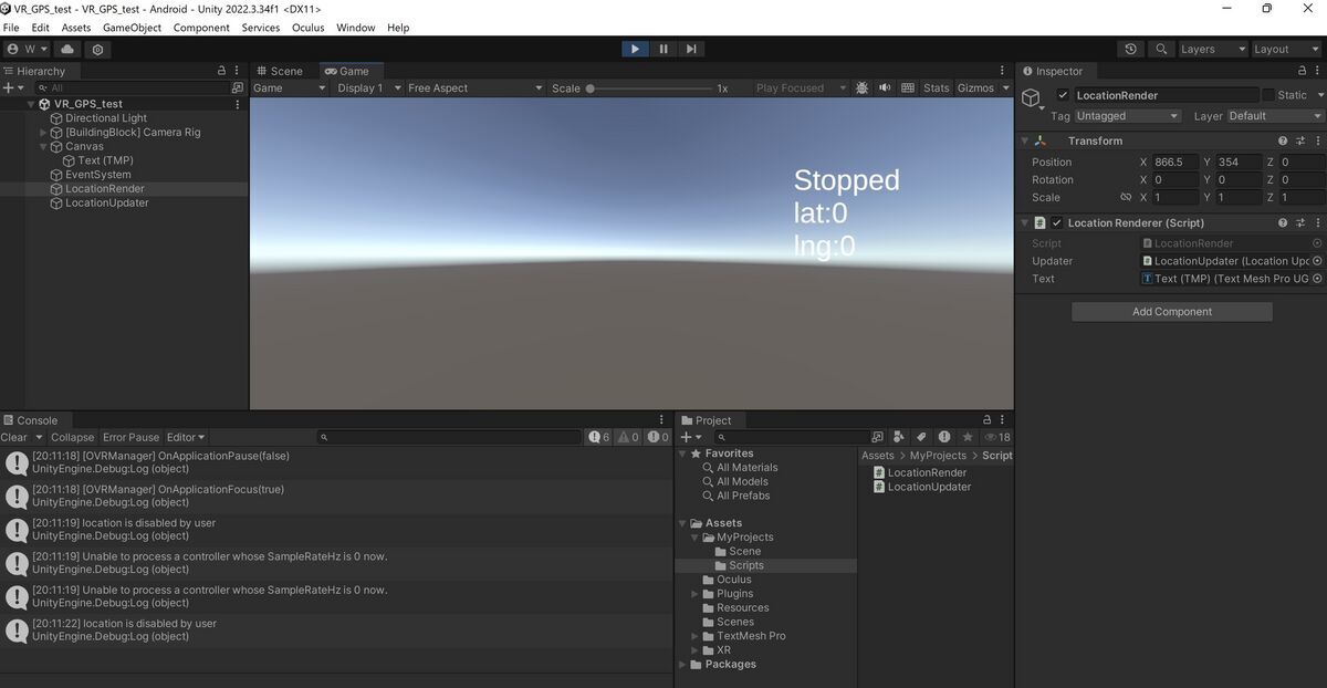 Unity Editor: LocationService on VR (Unity2022.3.34f1)