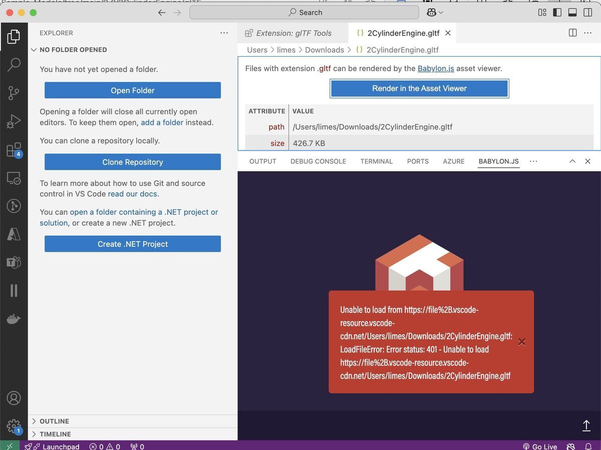 Unabled to load glTF files on Visual Studio Code
