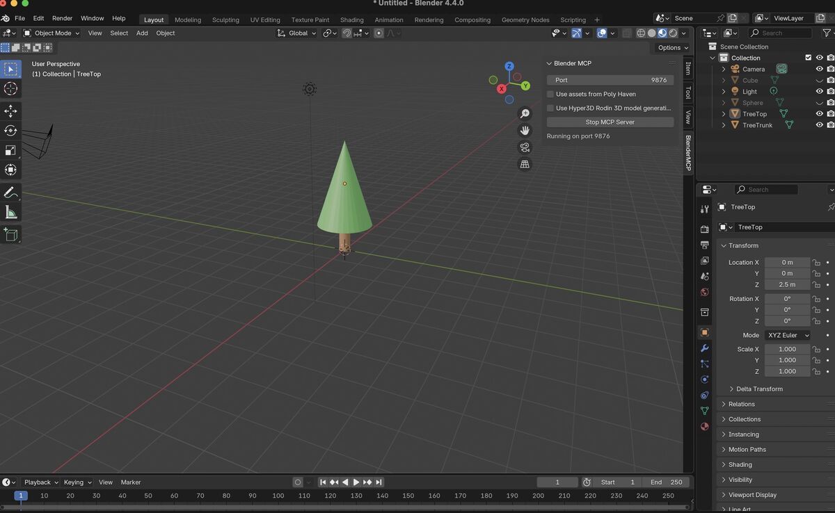 Auto-generated tree model on Blender and MCP