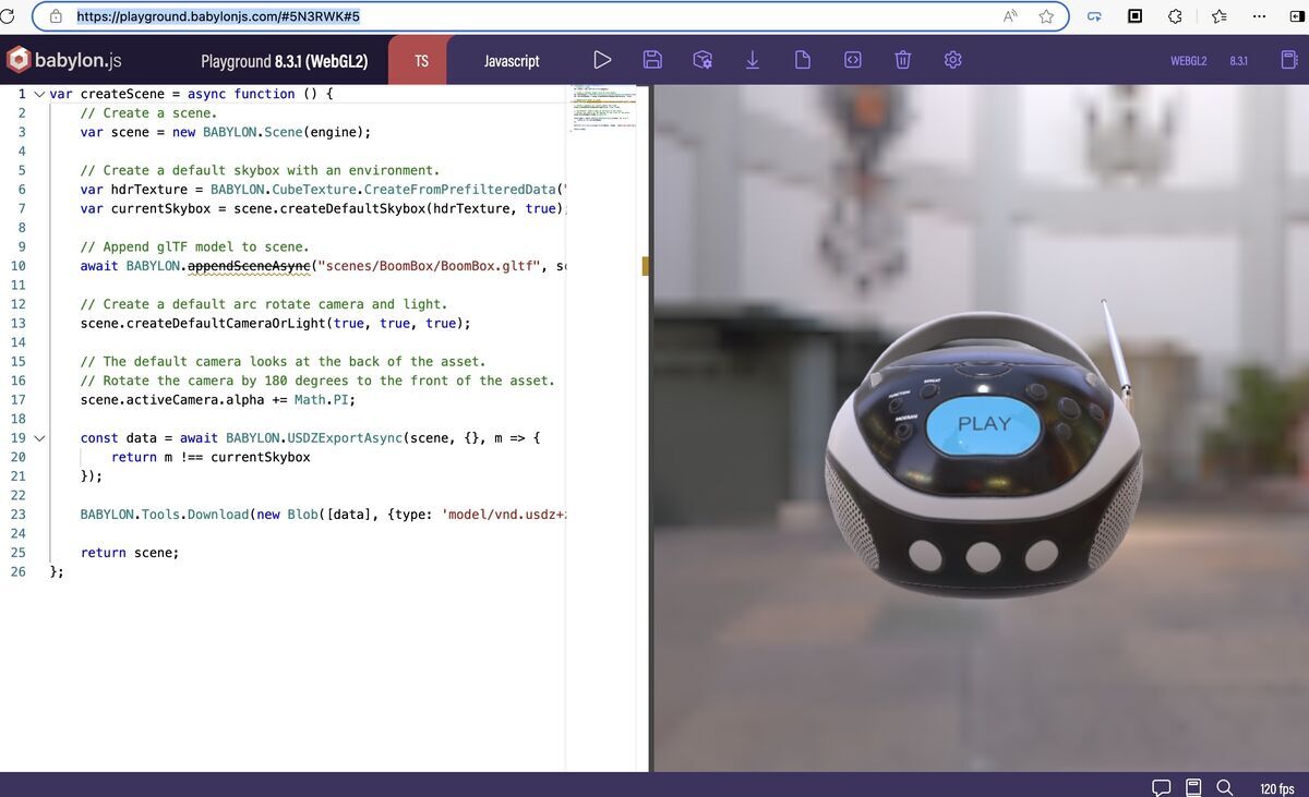 An usdz export example on Babylon.js Playground