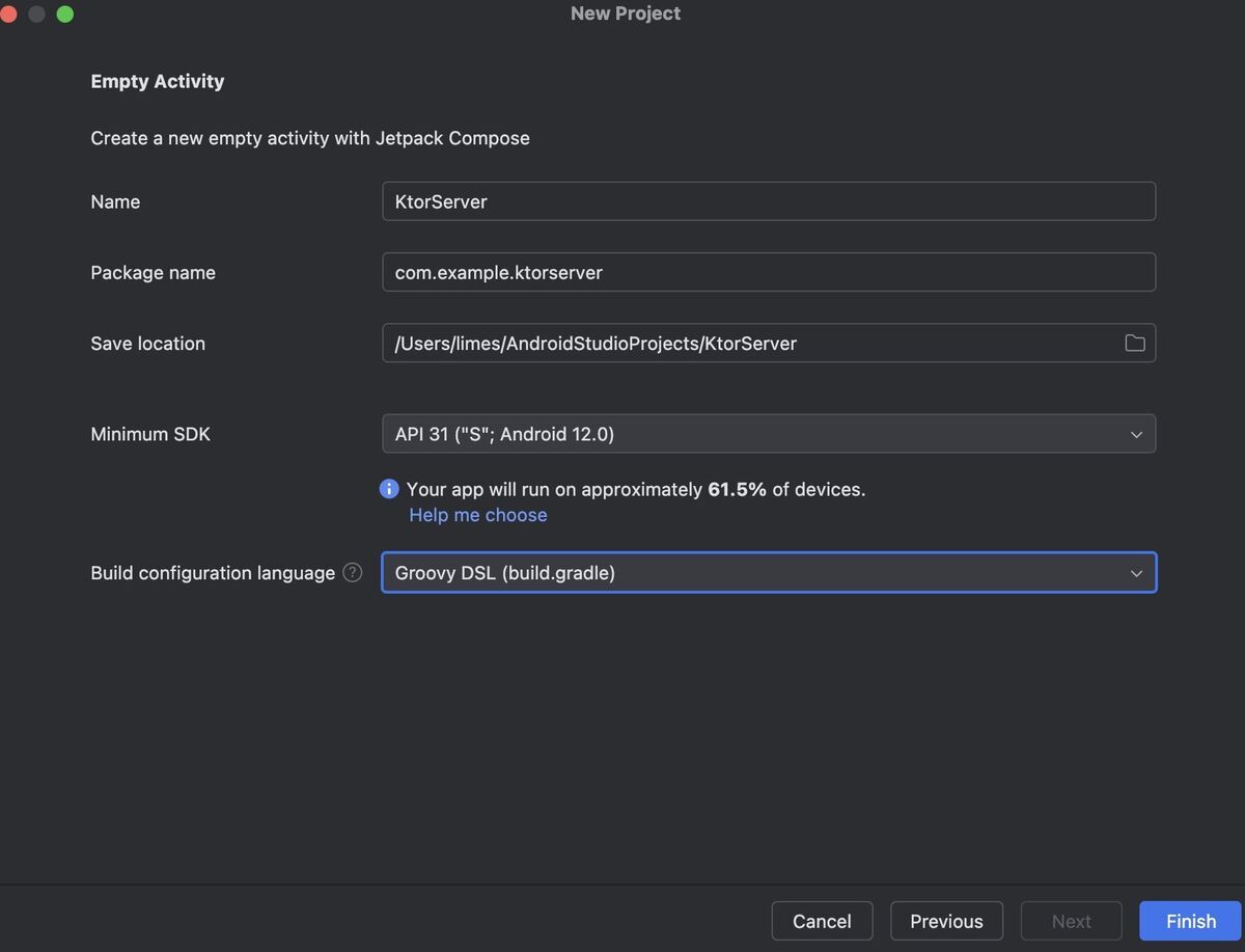 Create a new project on Android Studio