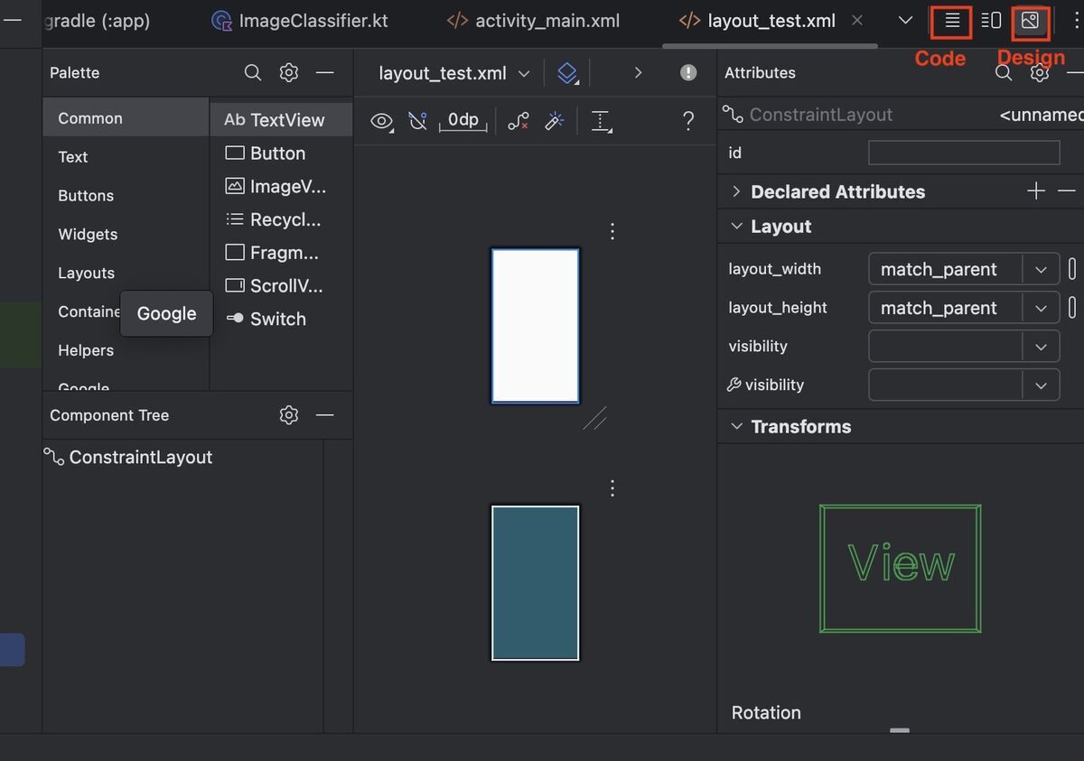 Layout Editor View on Android Studio title=