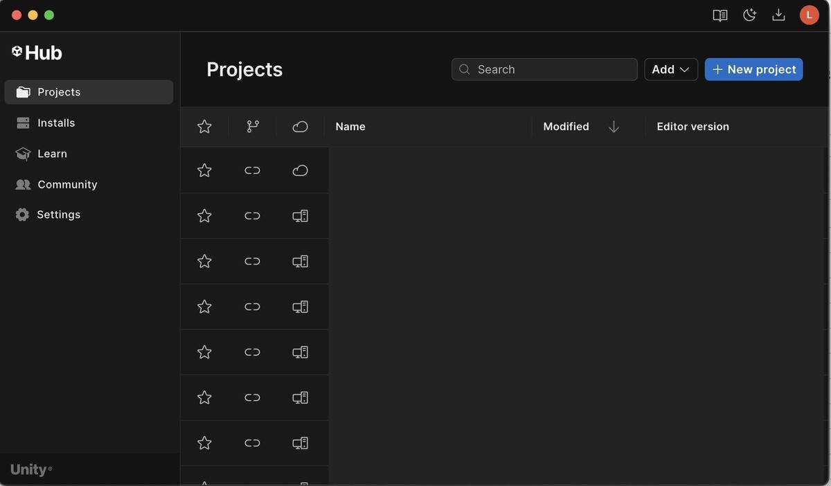 Logged in view on Unity Hub