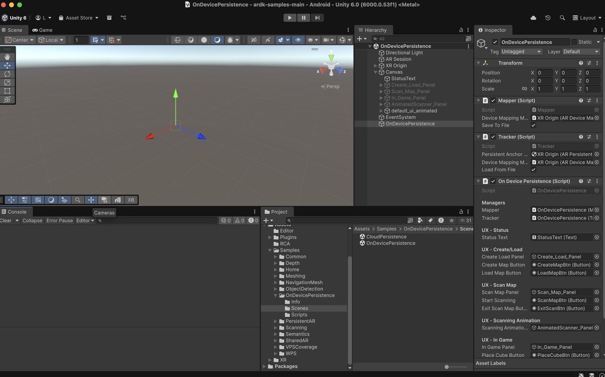 'On Device Persistence' scene on Unity6000.053f1