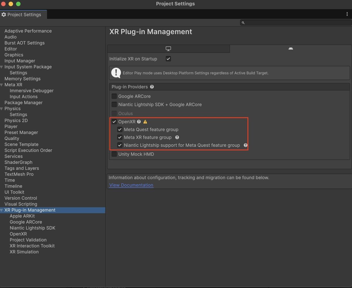 OpenXR settings for Niantic SDK