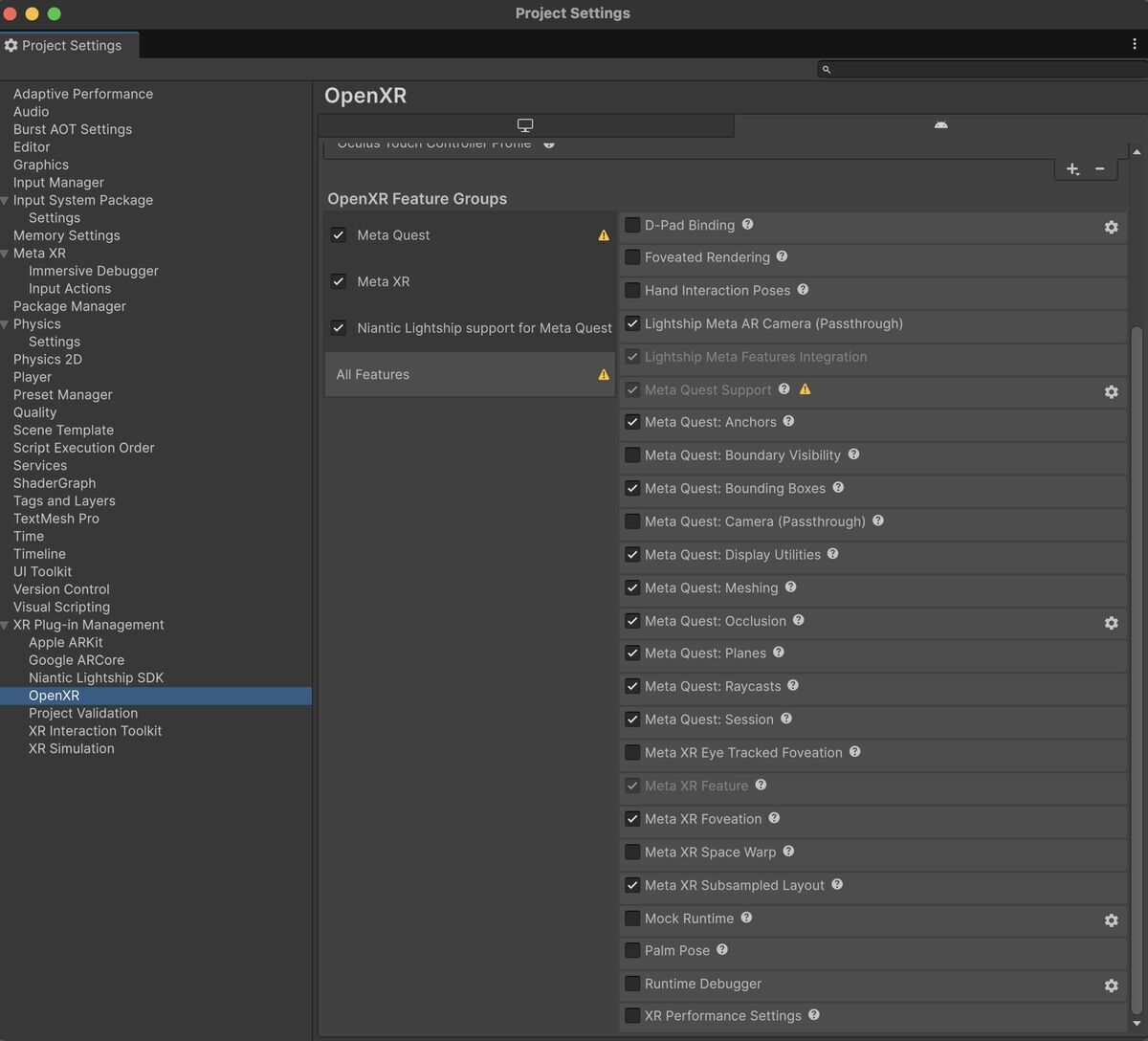 OpenXR Feature Group on Unity6000.053f1