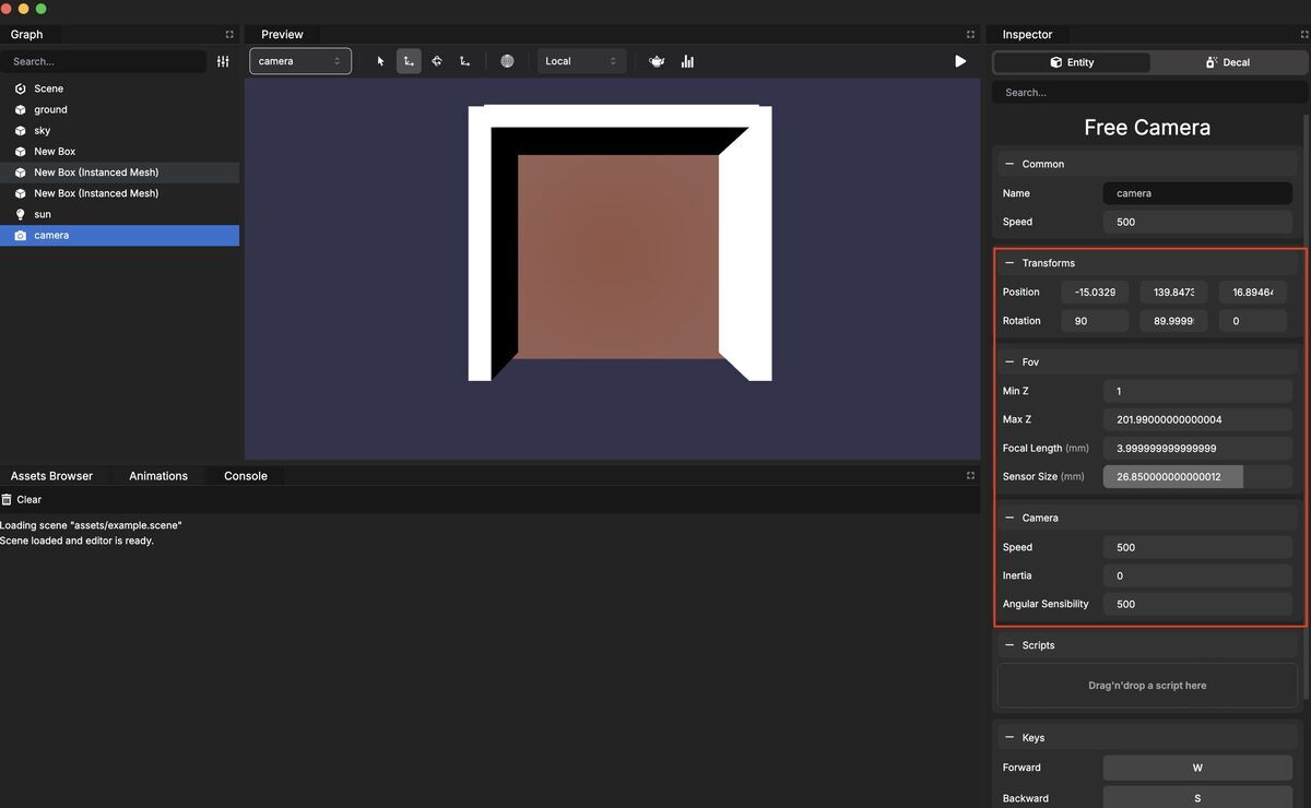 Camera setting example on Babylon.js Editor v5
