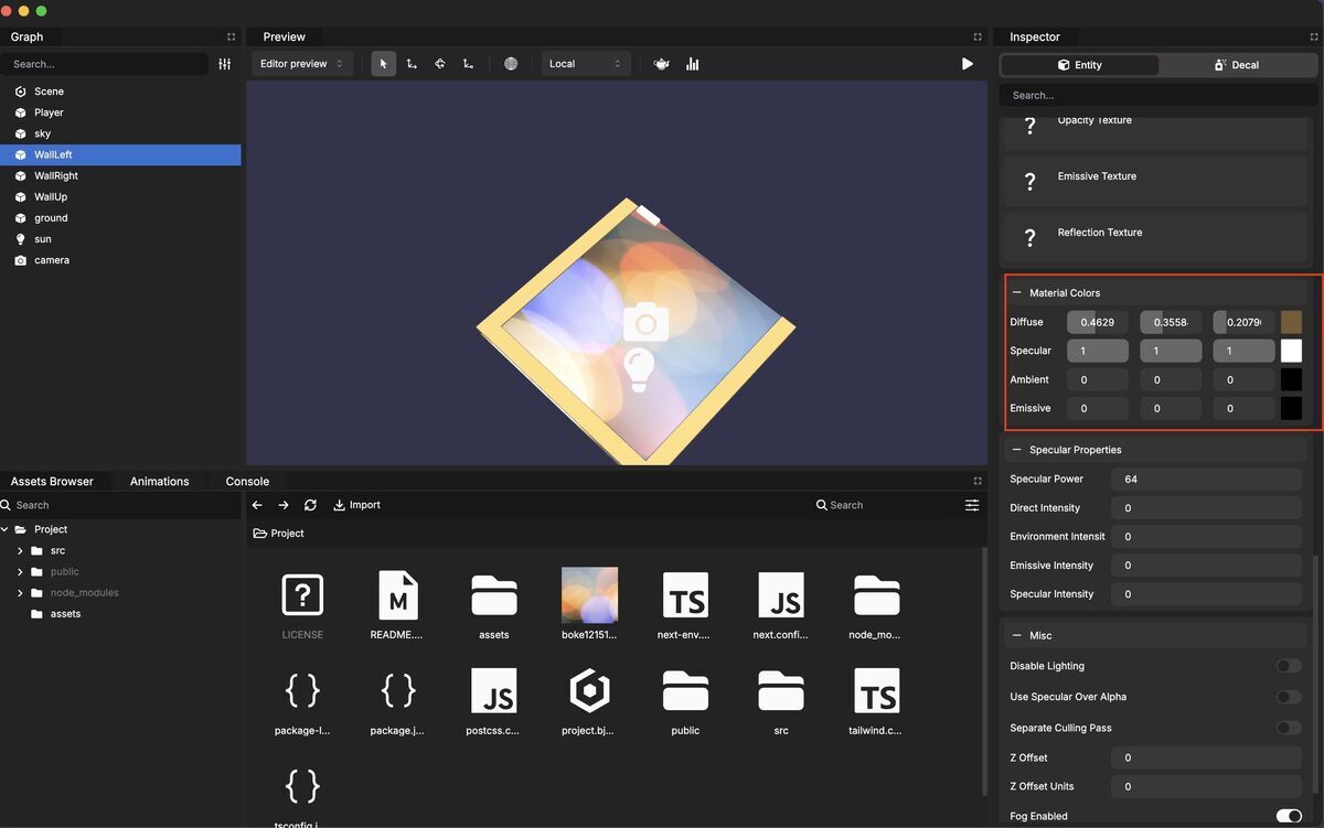 Material color setting on Babylon.js Editor v5