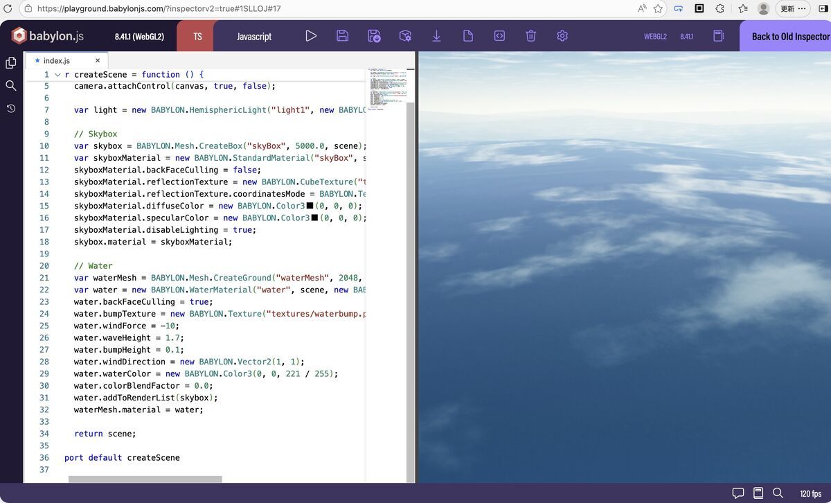 Water material sample on Babylon.js