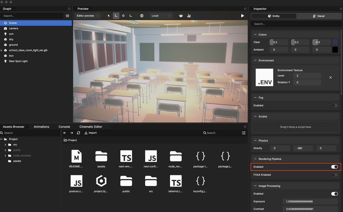 Rendering Pipeline is Enabled on Babylon.js Editor