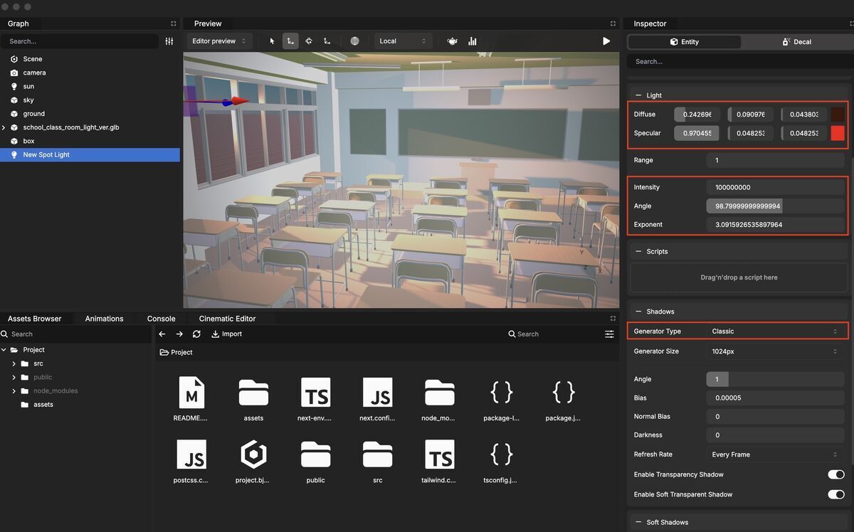 Changing Spot Light Setting on Babylon.js Editor