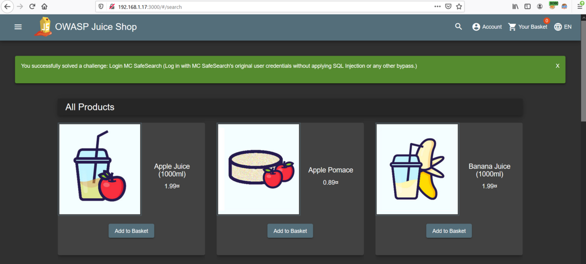 Juice ShopのLogin MC SafeSearchをやってみた Shikata Ga Nai