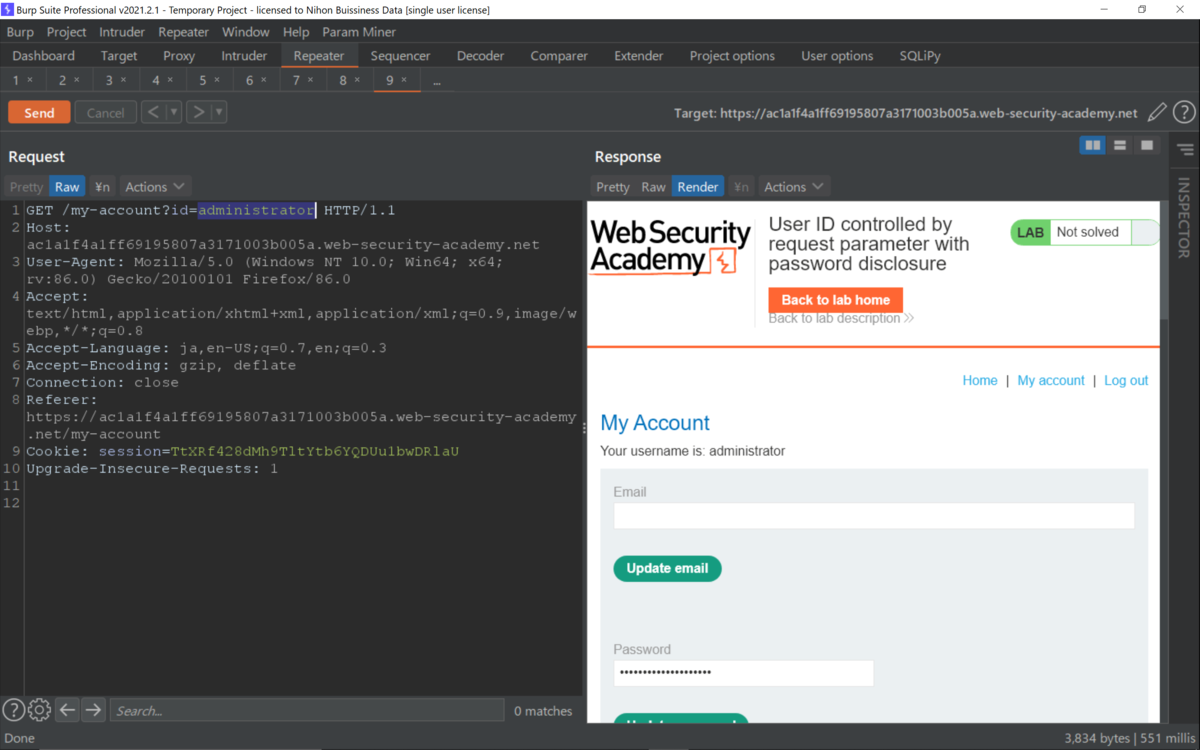 User ID controlled by request parameter with password disclosureをやってみた ...
