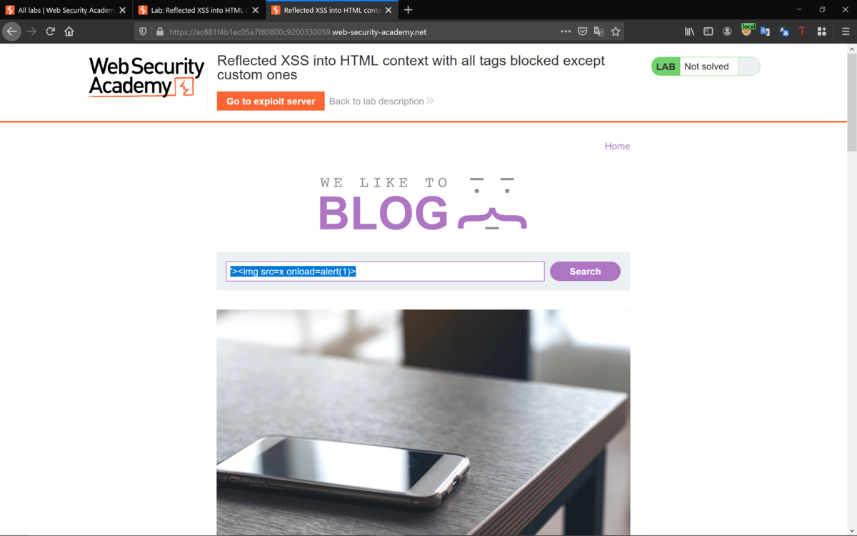 Reflected XSS into HTML context with all tags blocked except custom onesをやってみた Shikata Ga Nai