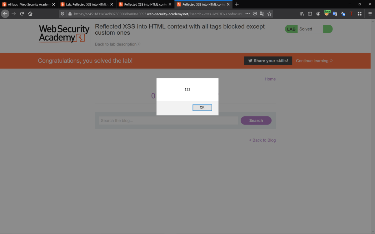 Reflected XSS into HTML context with all tags blocked except custom onesをやってみた Shikata Ga Nai