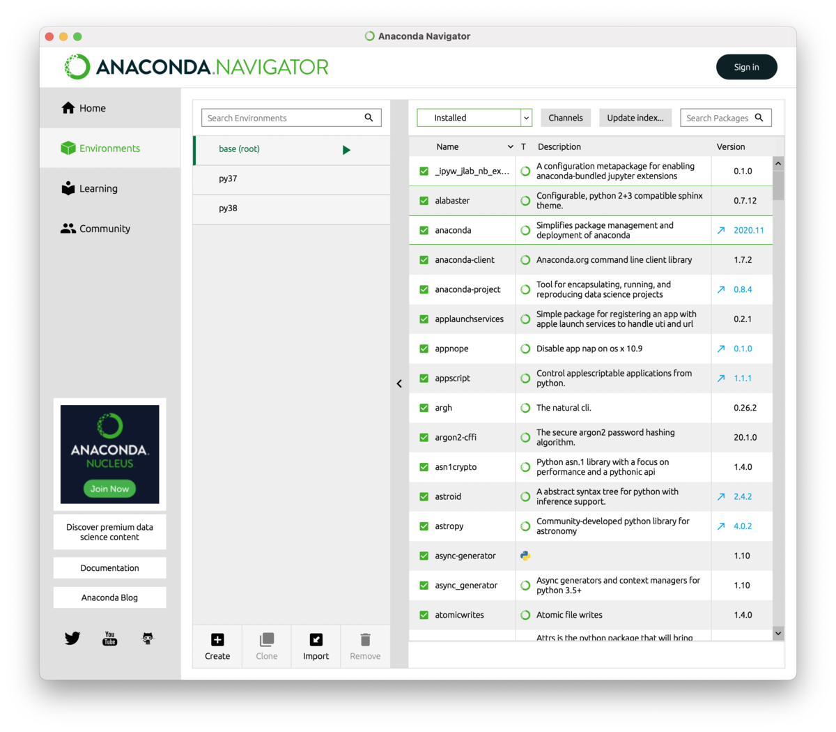 Anaconda-NavigatorのEnvironments画