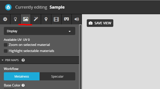 Sketchfabの3DSETTING画面のマテリアルタブ