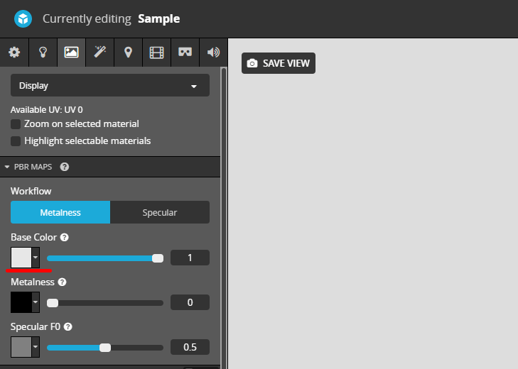 Sketchfabの3DSETTING画面のマテリアル項目のBaseColorのテクスチャボタン
