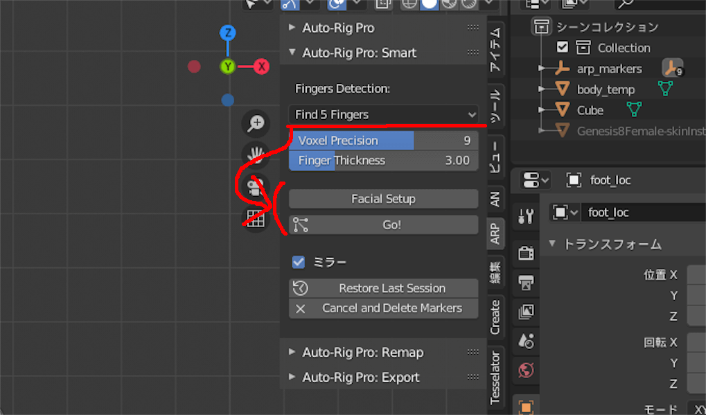 Blenderのアドオン【AutoRigPro】のAuto-RigProのSmartRigのマーカー設置後の項目