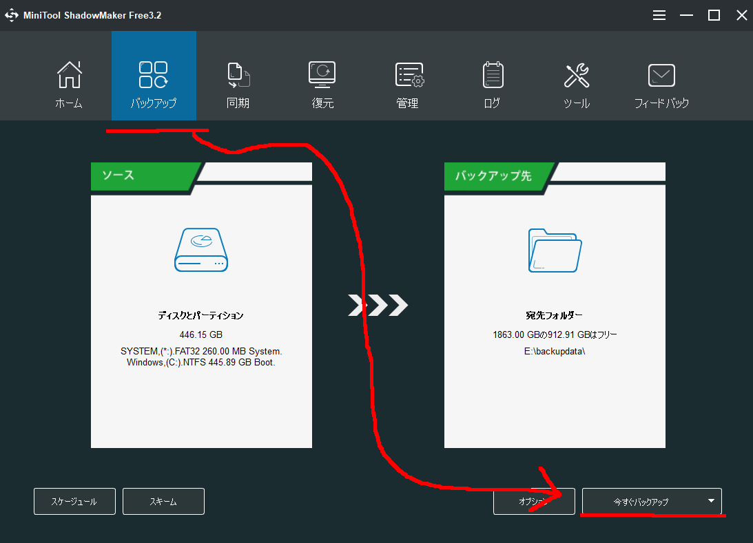 Minitool Shadowmaker無料版のバックアップ画面