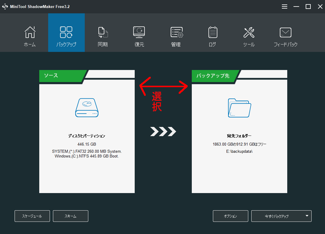 Minitool Shadowmaker無料版のバックアップ画面