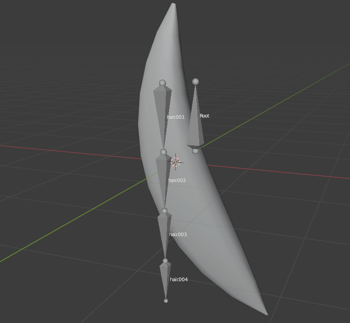 Blenderで髪の毛にボーンを設定したときの状態