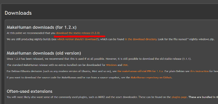 MakeHumanのダウンロードサイト