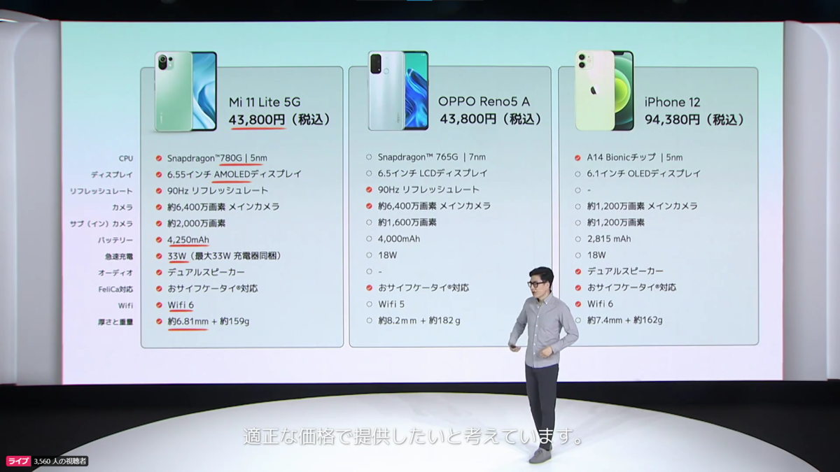 他社機種との価格やスペックシート比較