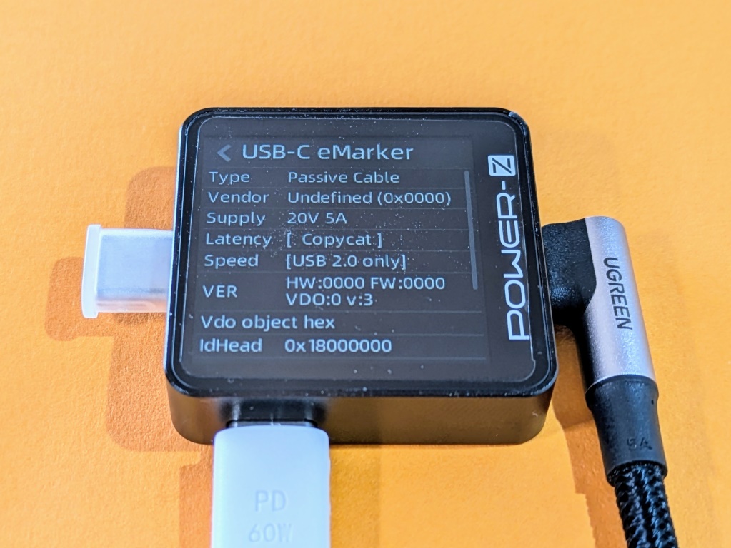 USBテスター KM003Cを使って手元のC to C ケーブルのeMarkerを