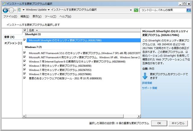 2011年10月の Microsoft Update。(Windows 7)