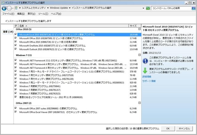2012年11月の Microsoft Update。(Windows 7)