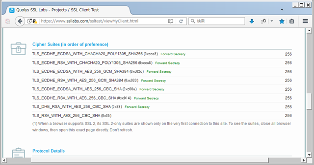 Qualys SSL Labs さんによる SSL 暗号化強度の測定。( Firefox / security.ssl3.ecdhe_rsa_aes_128_gcm_sha256;false ) 