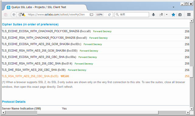 Qualys SSL Labs さんによる SSL 暗号化強度の測定。( Firefox / security.ssl3.rsa_aes_256_sha;true ) Qualys SSL Labs さんによる SSL 暗号化強度の測定。( Firefox / security.ssl3.rsa_aes_256_sha;true )