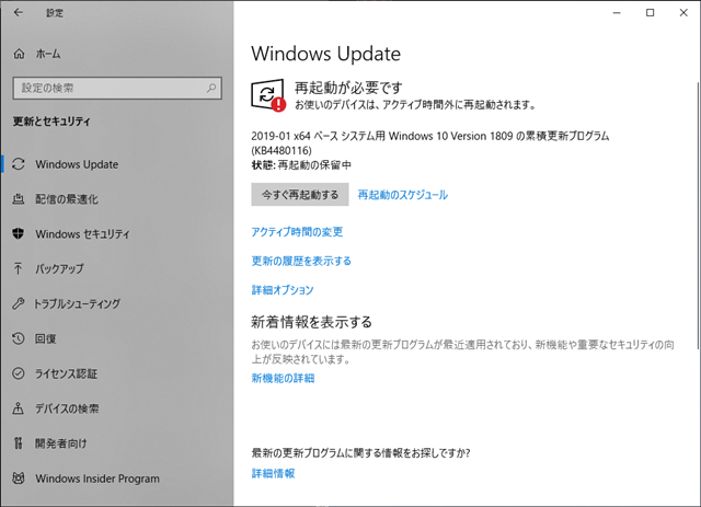 2019年01月の Microsoft Update 。(Windows 10 [1809])