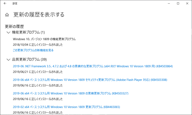 2019年06月の Microsoft Update 履歴。(Windows 10 [1809] 、定例外)