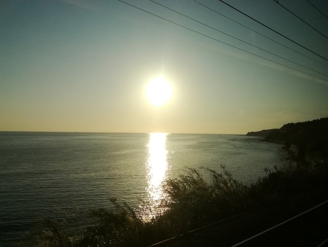 くろしおの車窓から見た夕日 