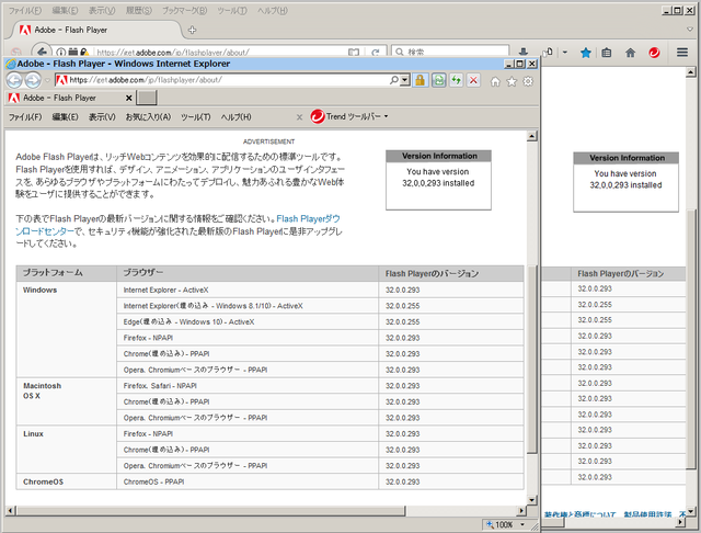 Adobe Flash Player 32.0.0.293 のテスト