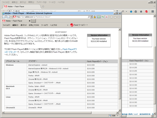 Adobe Flash Player 32.0.0.303 のテスト