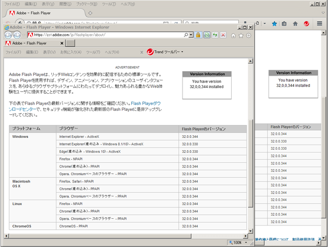 Adobe Flash Player 32.0.0.344 のテスト