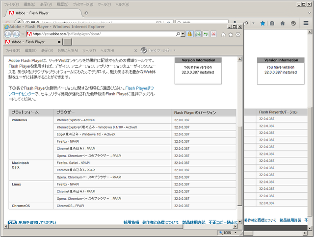 Adobe Flash Player 32.0.0.387 のテスト