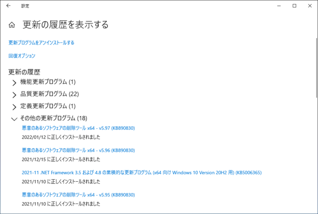 2022年01月の Microsoft Update 履歴。(Windows 10 [20H2])