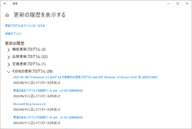 2022年06月の Microsoft Update 履歴。(Windows 10 [21H2])