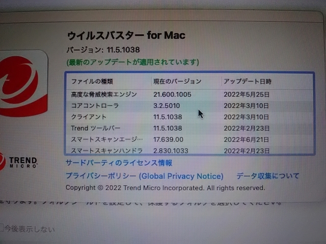 ウイルスバスター for Mac 11.5.1038 アップデート。 ( 高度な脅威検索エンジン 21.600.1005 ) 
