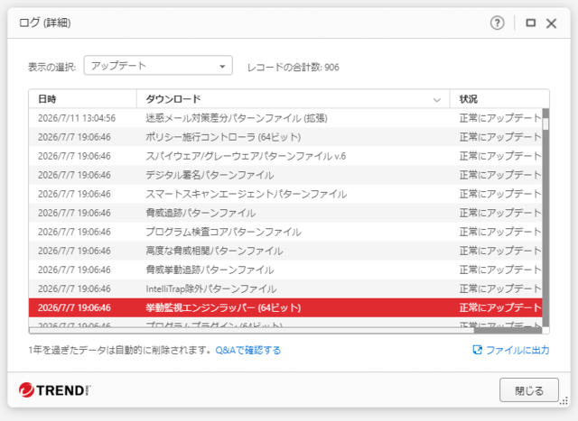 ウイルスバスター 17.9.1187 のアップデートログ 64bit版 