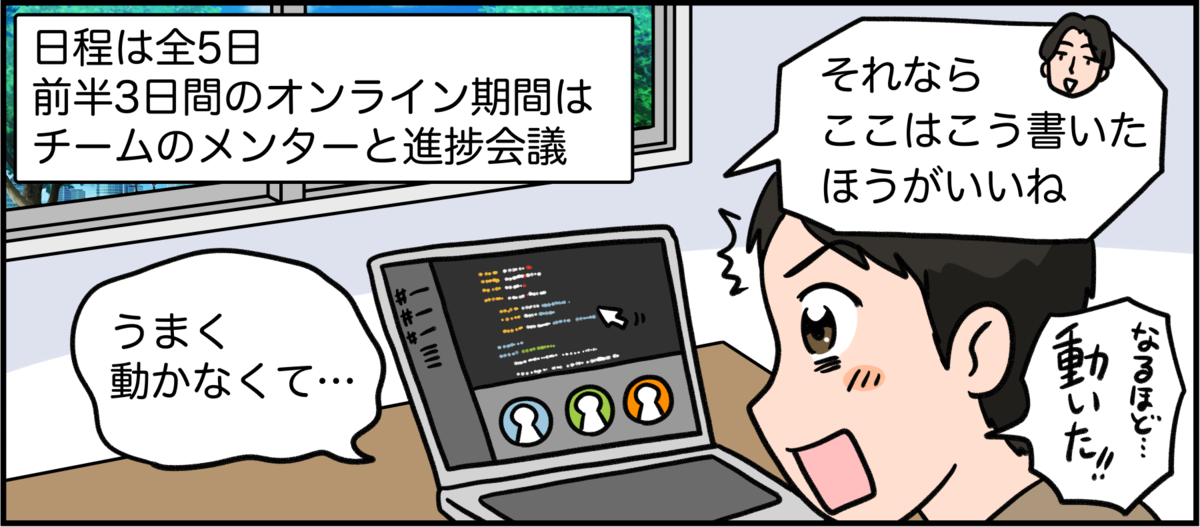 うまく動かず悩んでいる学生の相談を受けるメンターのイラスト