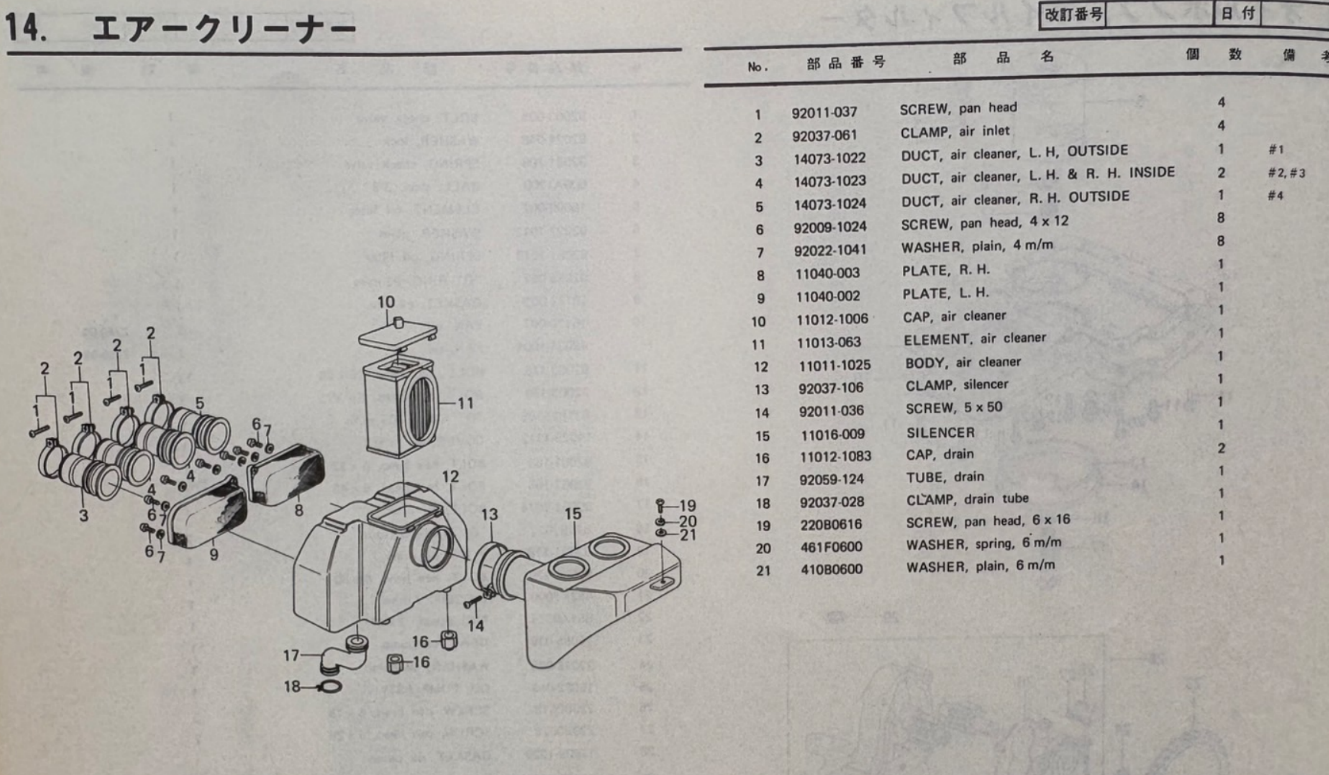 Z750FX（Z750-D2、D3）のエアクリーナーとエアクリーナーダクトの部品