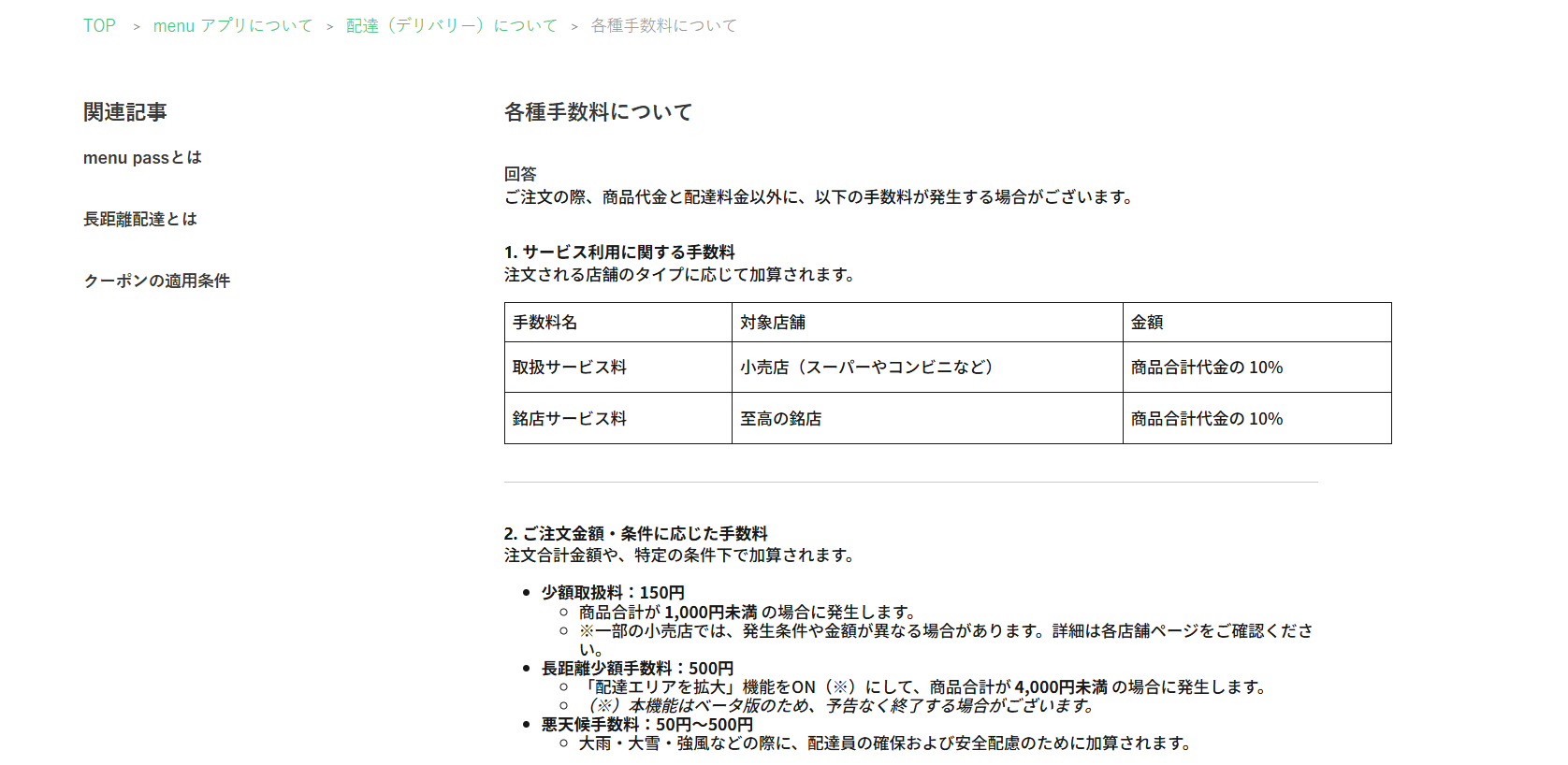 menu 各種手数料