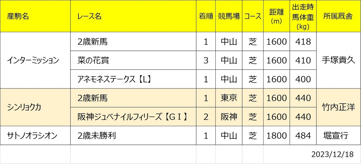 レイカーラ産駒の主なPOG期間内戦績一覧