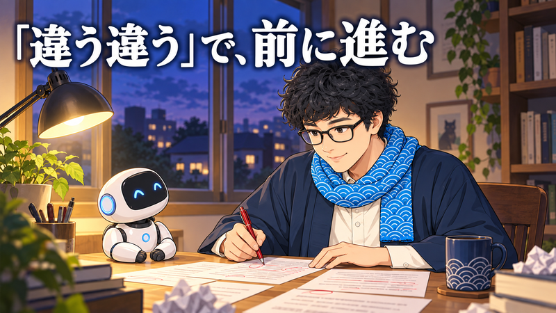 小さなAIロボットと向き合い、原稿を赤ペンで直すウォータン