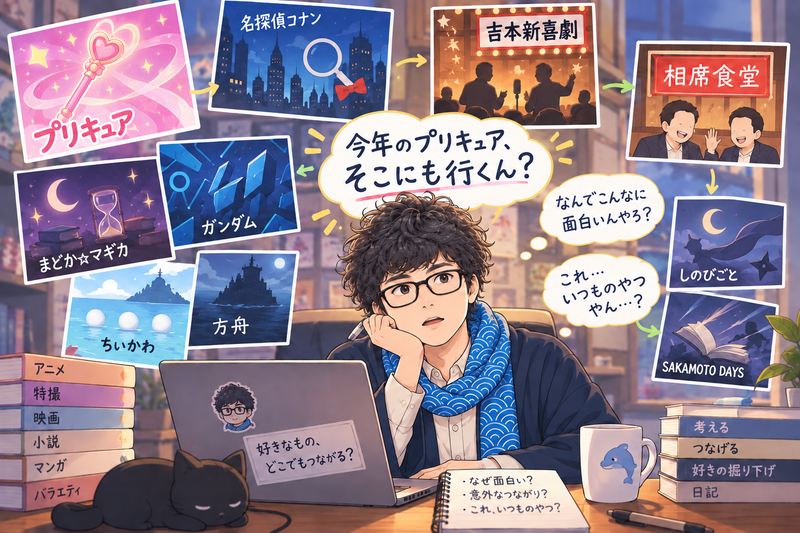 部屋で頬杖をつくうぉーたんと、作品の連想が矢印でつながるカード
